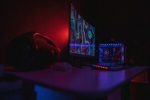 A cozy gaming and entertainment setup for an anime fan