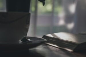 A black ceramic cup in a quiet moment of observation